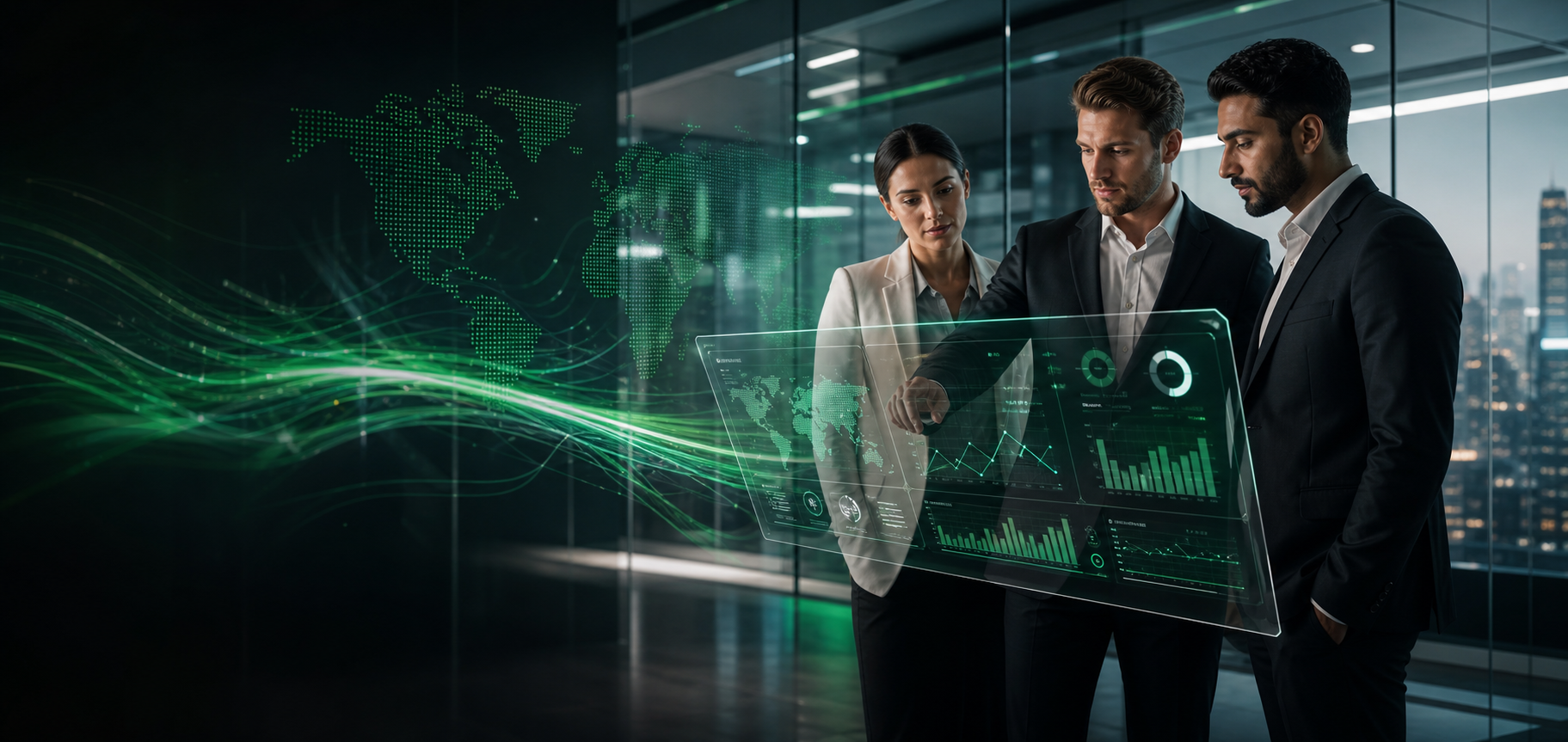 Business team collaborating with a modern CRM interface